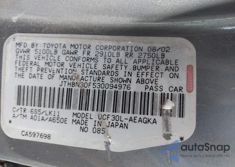 2003 Lexus Ls 430 from USA, damaged, VIN JTHBN30F530094976